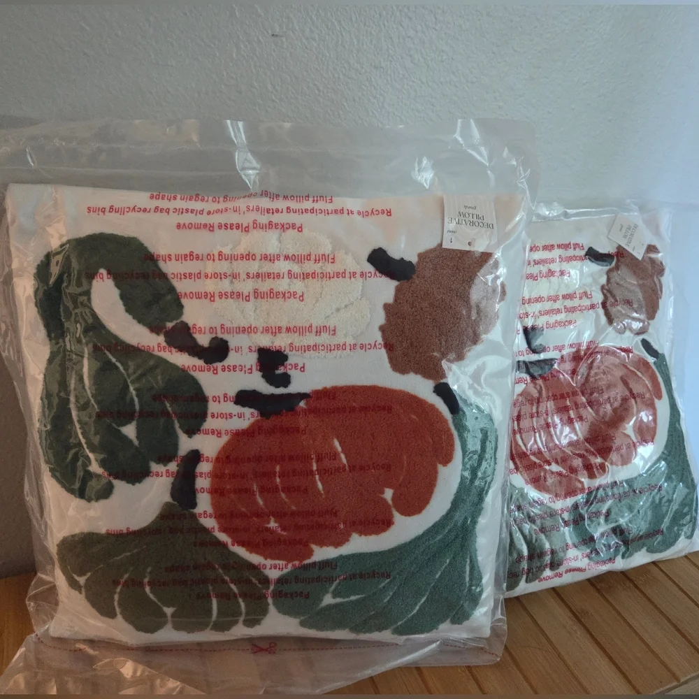Set Of 2 Gourds Pumpkins Embroidered Fall Autumn Throw Pillows NWT Orange Green